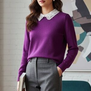 Preppy Academia Purple Cable & Gauge Lace Peter Pan Collar Sweater Knit Top Smal